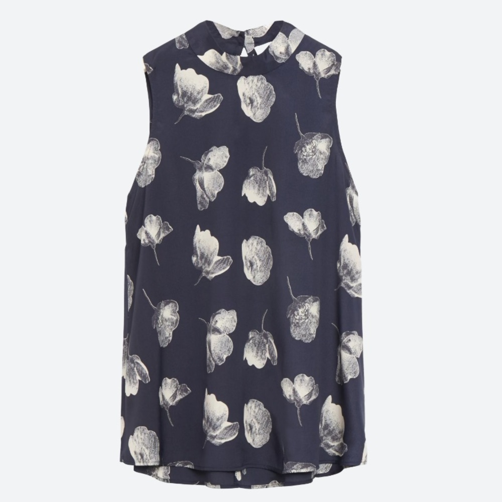 Alice Blue Pisca High Neck Blouse, navy with floral print, keyhole back, size L